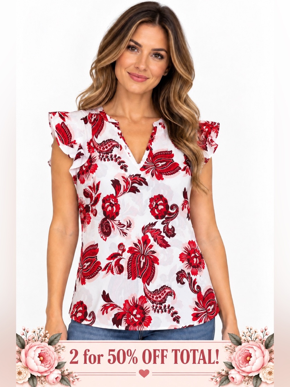 Red Floral Flutter Sleeve V-Neck Women's Top